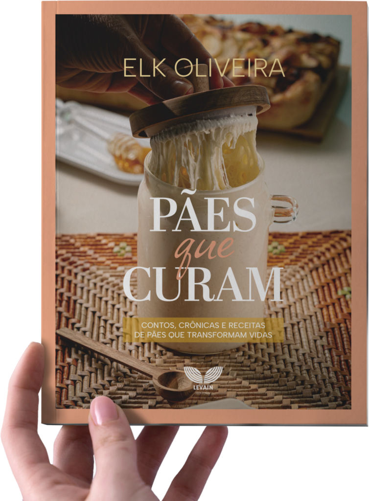 Capa do livro Pães que Curam de Elk Oliveira, mostrando um pote de fermentação natural e o título do livro em destaque.
